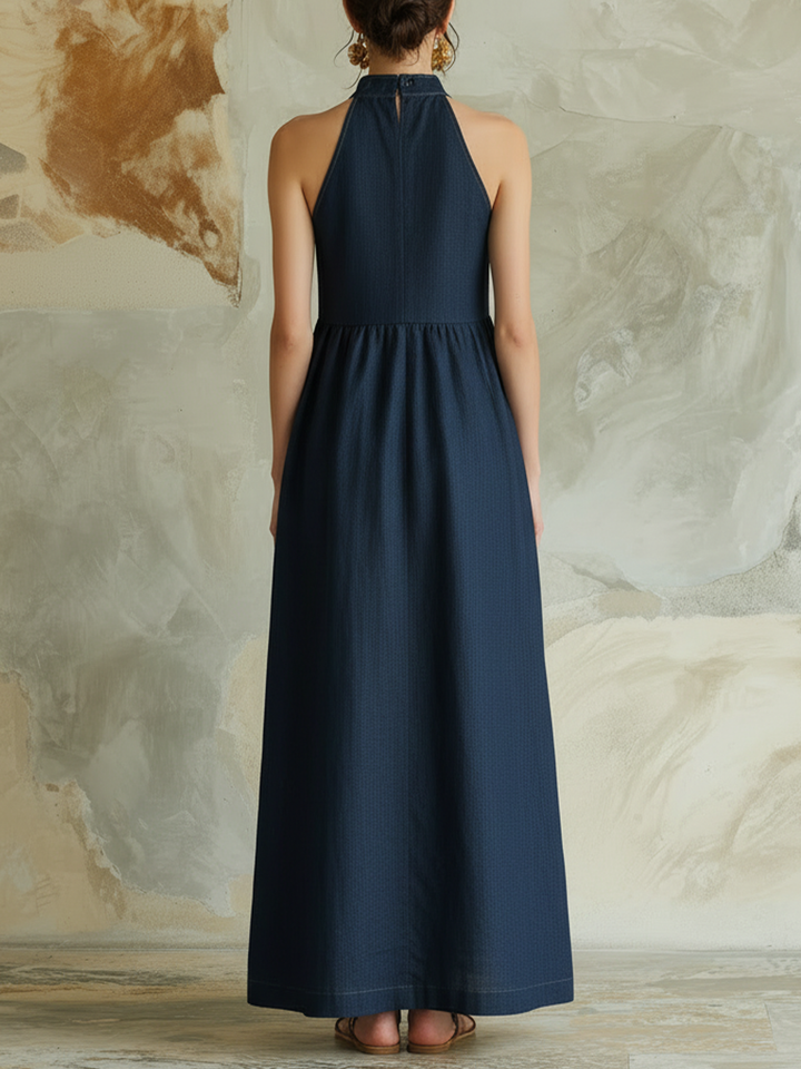 Morgan & Brooke | Indigo Color-Block Halter Neck Denim Maxi Dress