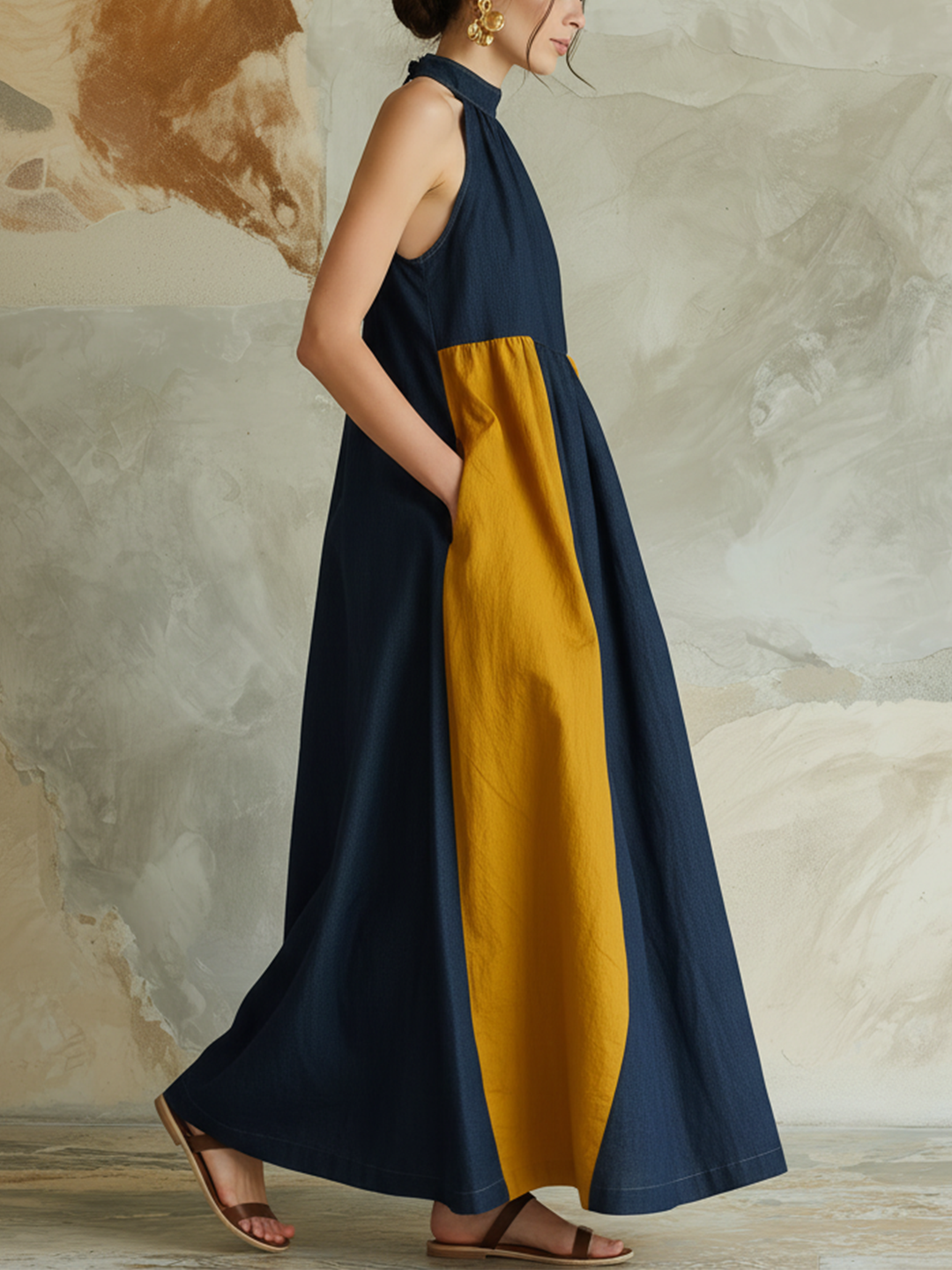 Morgan & Brooke | Indigo Color-Block Halter Neck Denim Maxi Dress