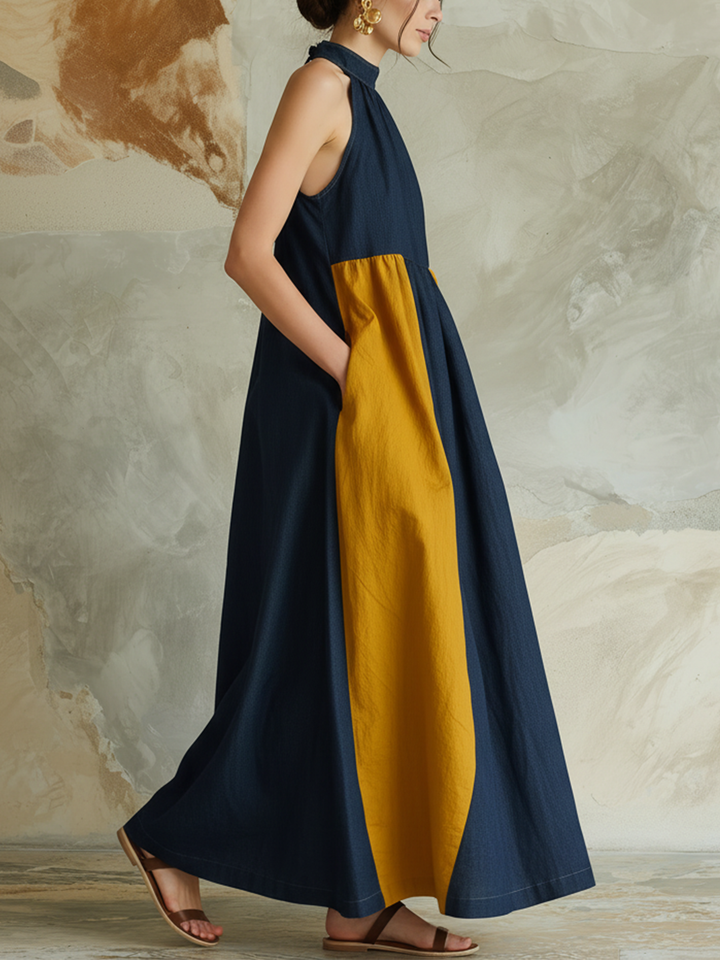 Morgan & Brooke | Indigo Color-Block Halter Neck Denim Maxi Dress