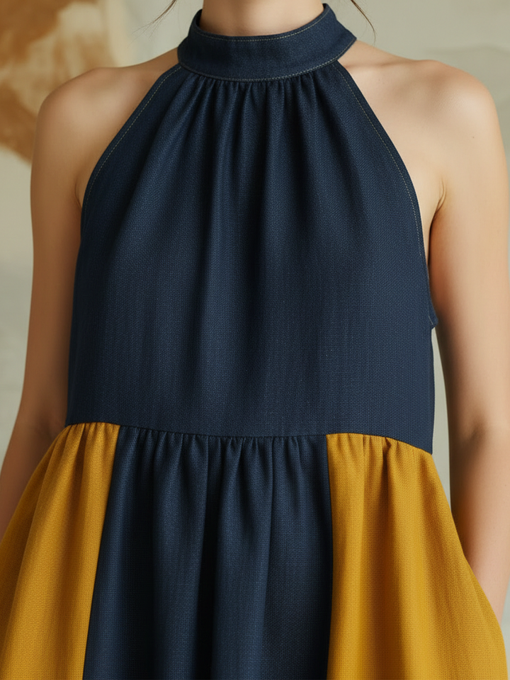 Morgan & Brooke | Indigo Color-Block Halter Neck Denim Maxi Dress