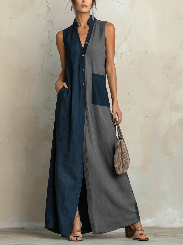 Morgan & Brooke | Color-Block Sleeveless Button-Front Denim Maxi Shirt Dress