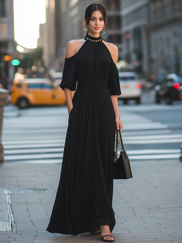 Morgan & Brooke | Cold-Shoulder Halter Neck Cutout Chiffon Maxi Dress