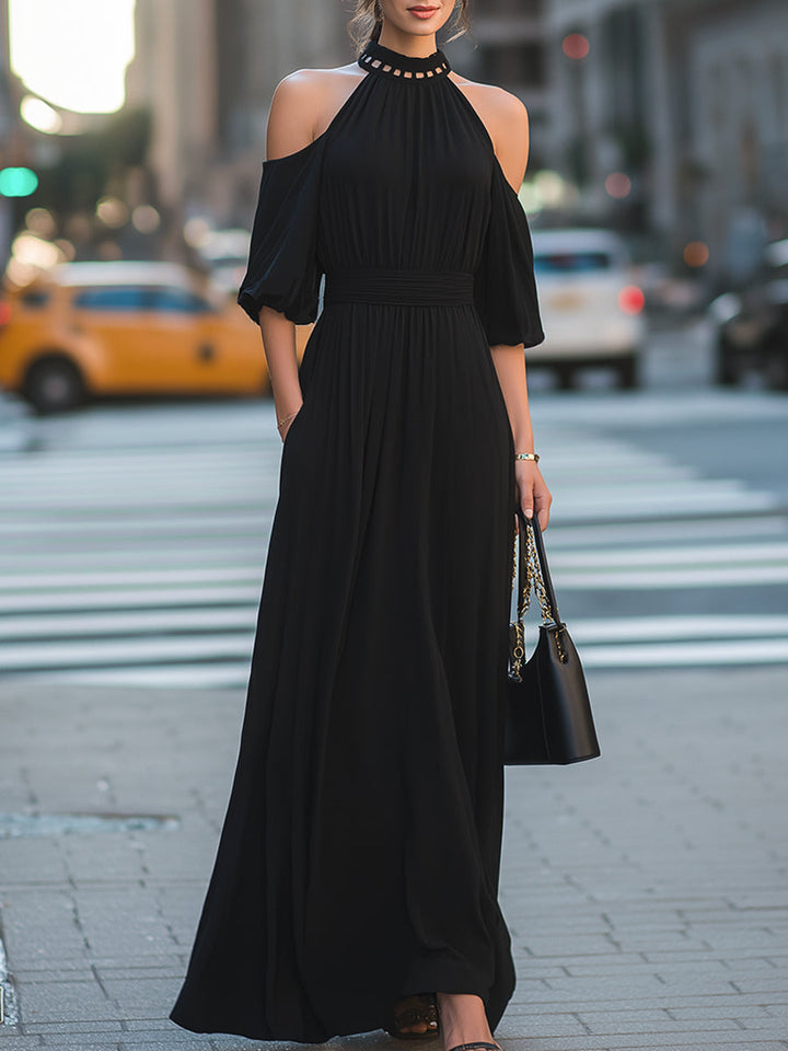 Morgan & Brooke | Cold-Shoulder Halter Neck Cutout Chiffon Maxi Dress
