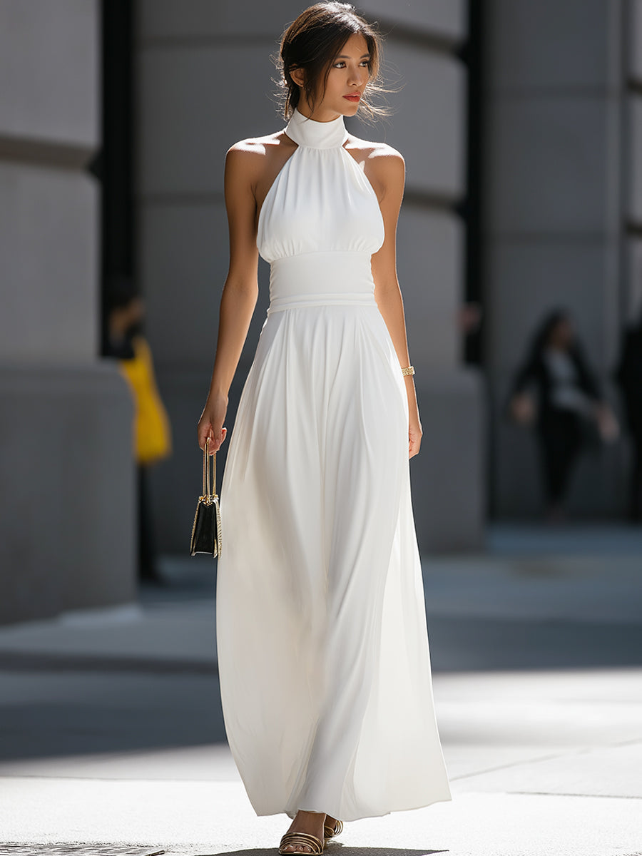 Morgan & Brooke | Black High-Neck Halter Cutout Waist Chiffon Maxi Dress