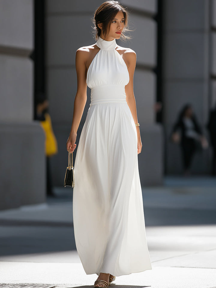Morgan & Brooke | Black High-Neck Halter Cutout Waist Chiffon Maxi Dress