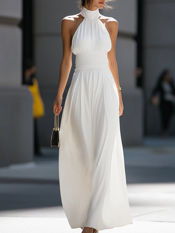 Morgan & Brooke | Black High-Neck Halter Cutout Waist Chiffon Maxi Dress