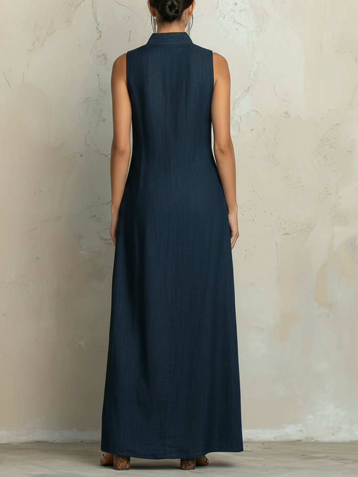 Morgan & Brooke | Color-Block Sleeveless Button-Front Denim Maxi Shirt Dress