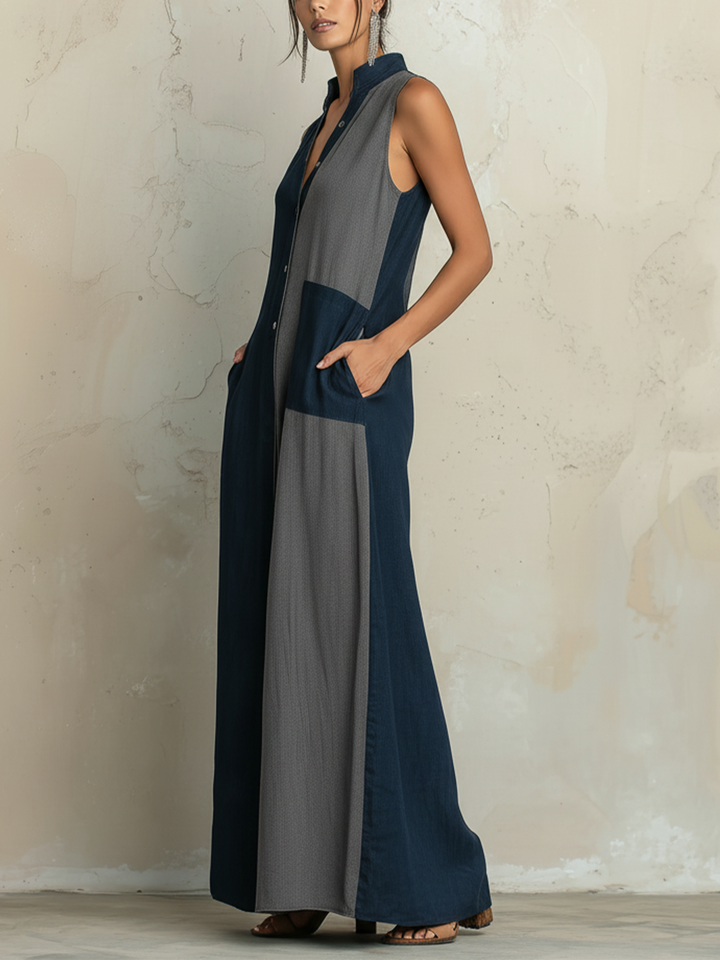 Morgan & Brooke | Color-Block Sleeveless Button-Front Denim Maxi Shirt Dress