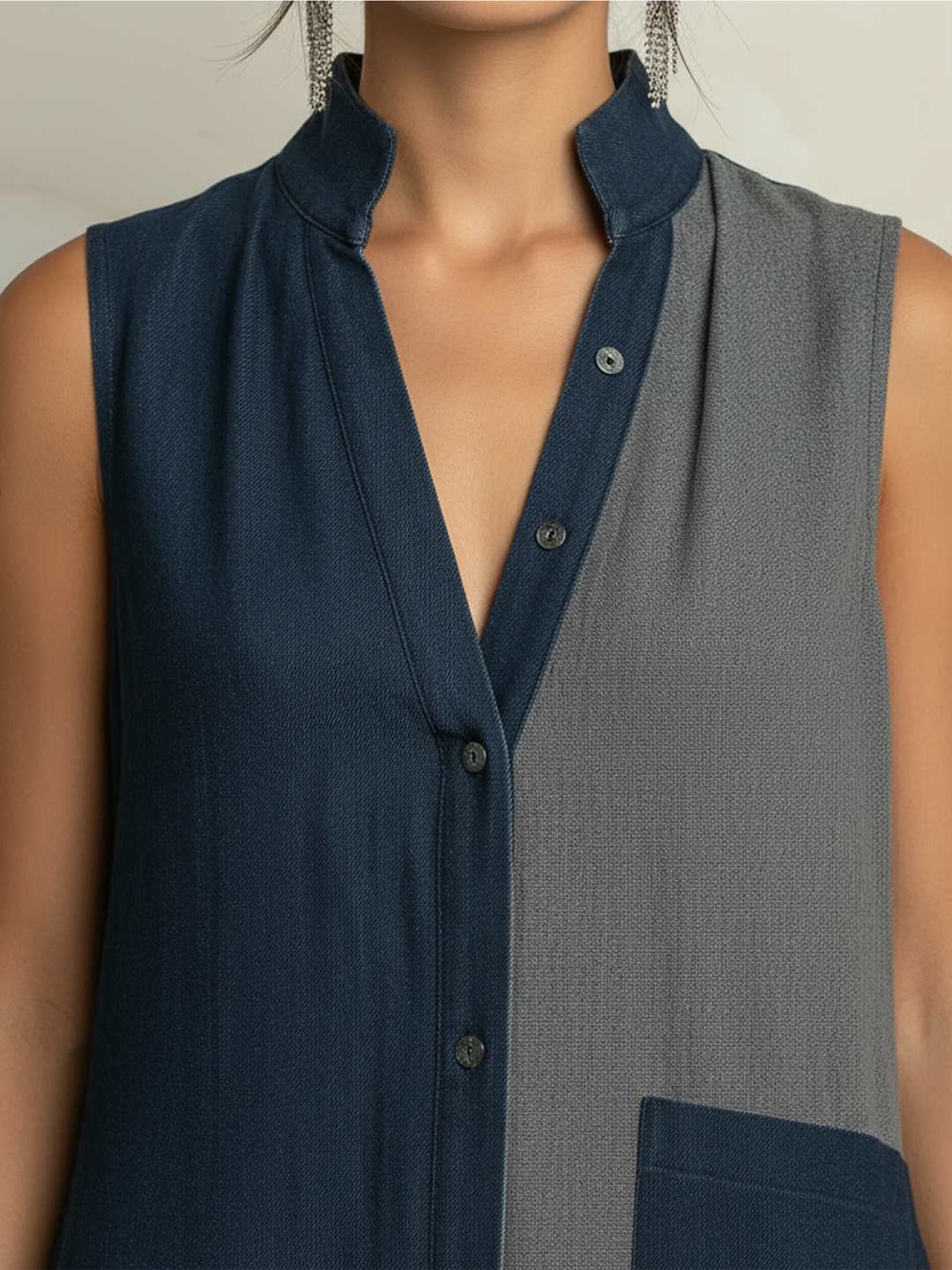 Morgan & Brooke | Color-Block Sleeveless Button-Front Denim Maxi Shirt Dress