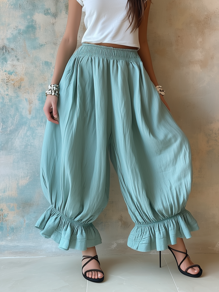 Morgan & Brooke | Natural Elastic-Waist Ruffle-Hem Linen Harem Pants