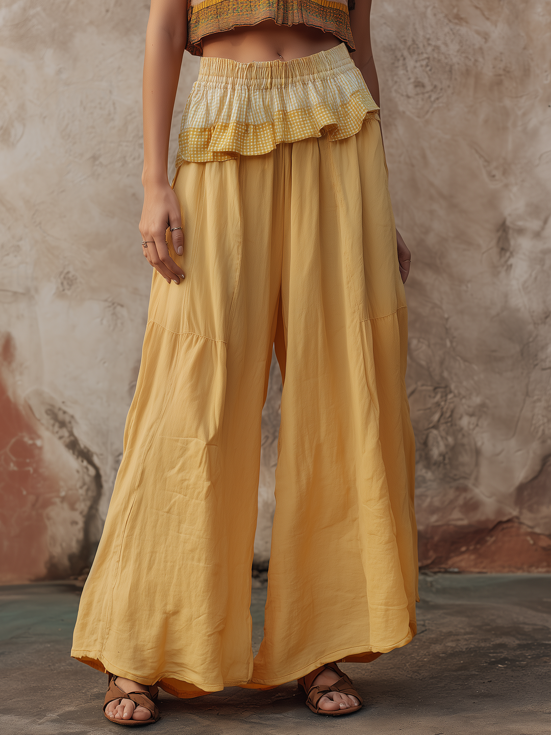 Morgan & Brooke | Yellow Ruffle-Trim Wide-Leg Pants