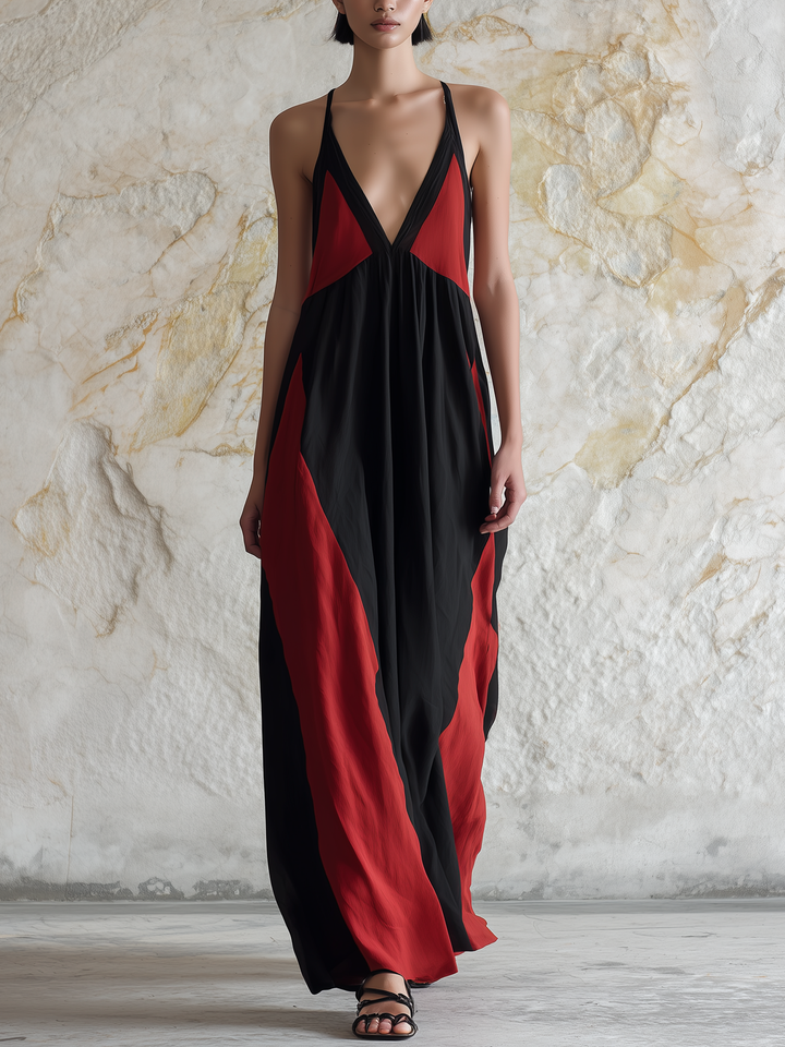 Morgan & Brooke | Black & Red Halter Neck Backless Maxi Dress