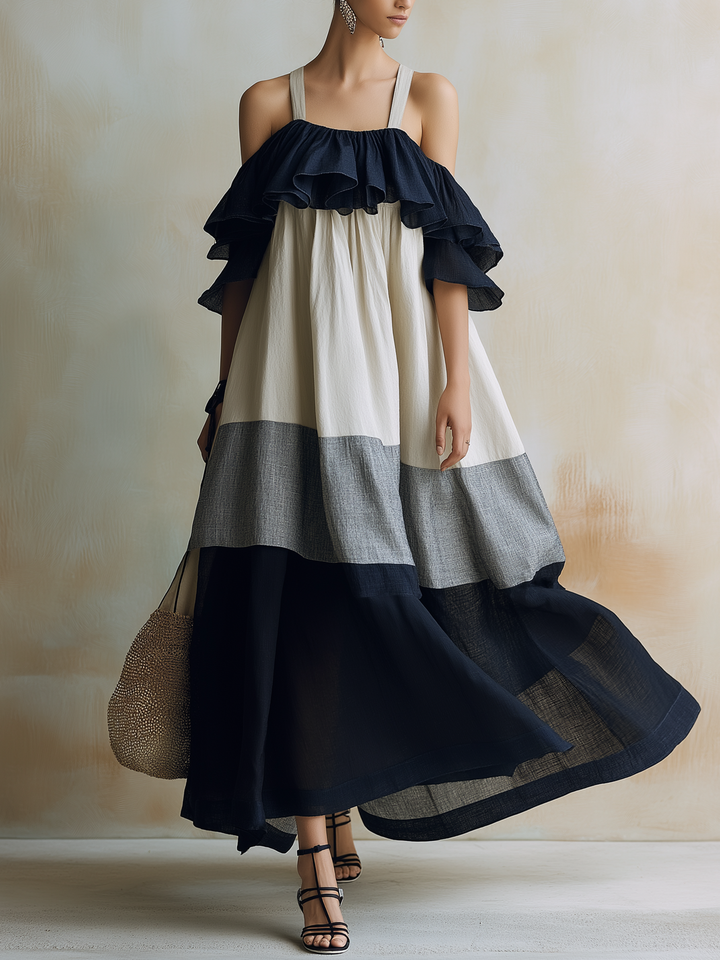 Morgan & Brooke | Colorblock Cold-Shoulder Tiered Linen Maxi Dress