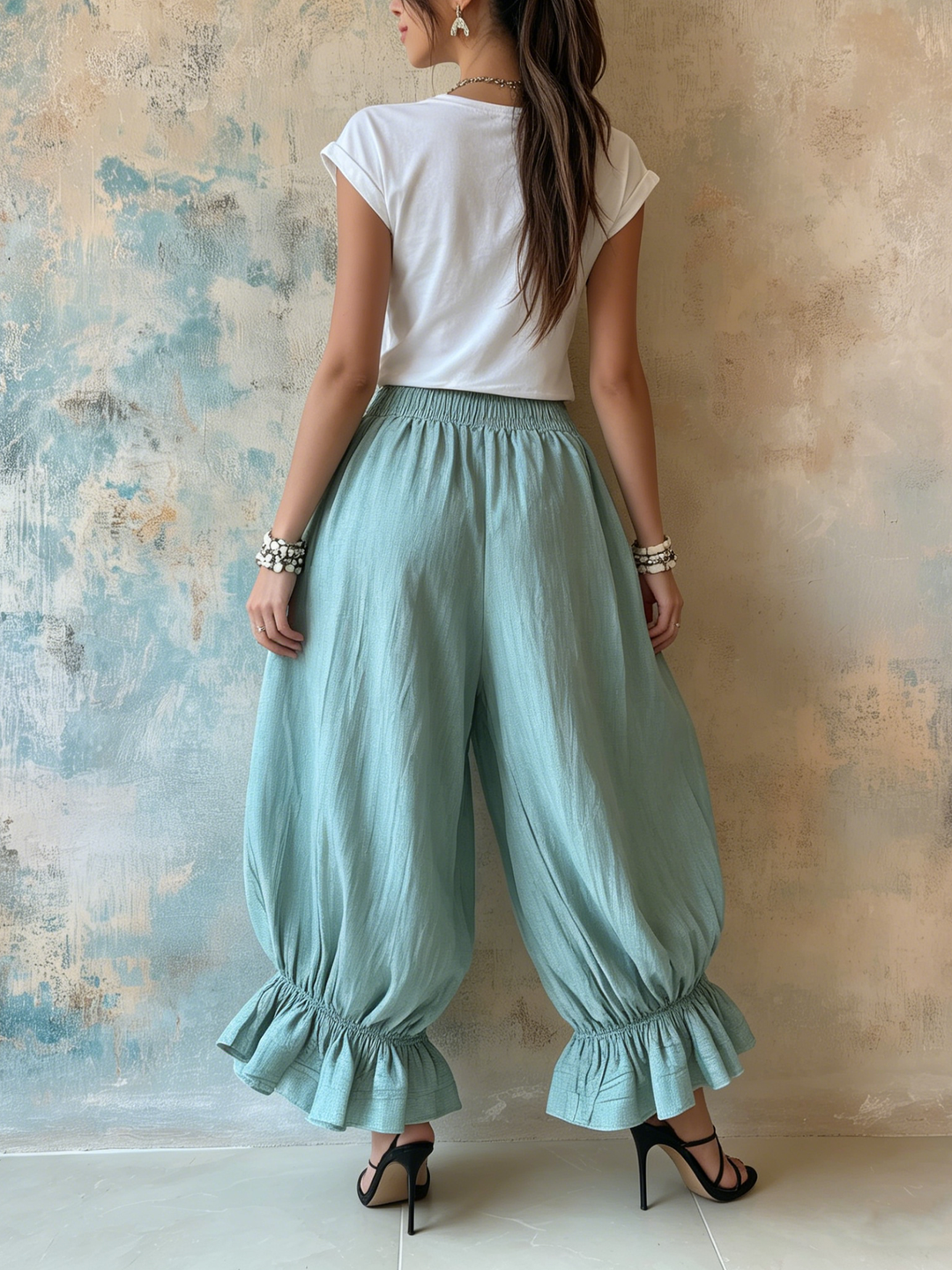 Morgan & Brooke | Natural Elastic-Waist Ruffle-Hem Linen Harem Pants