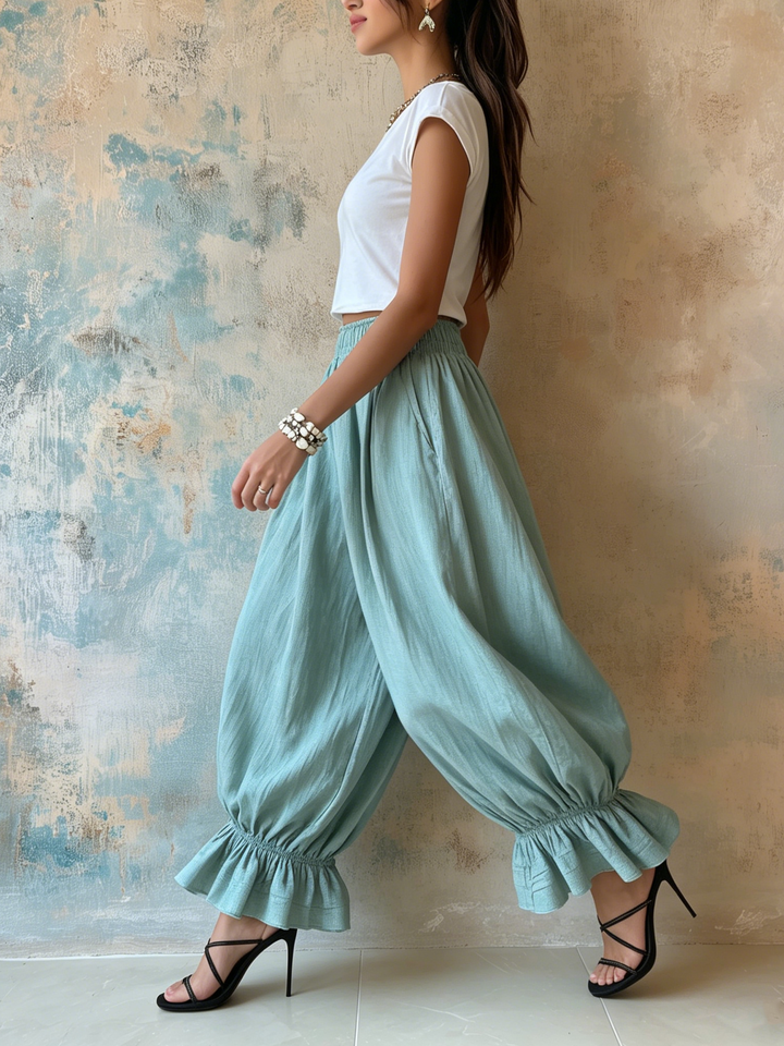 Morgan & Brooke | Natural Elastic-Waist Ruffle-Hem Linen Harem Pants