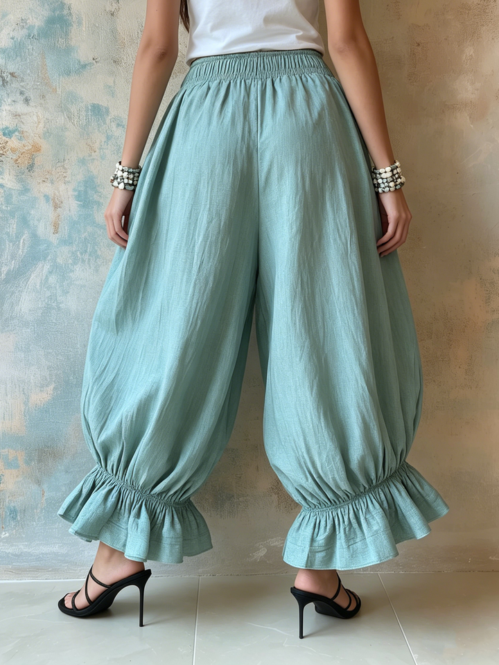 Morgan & Brooke | Natural Elastic-Waist Ruffle-Hem Linen Harem Pants