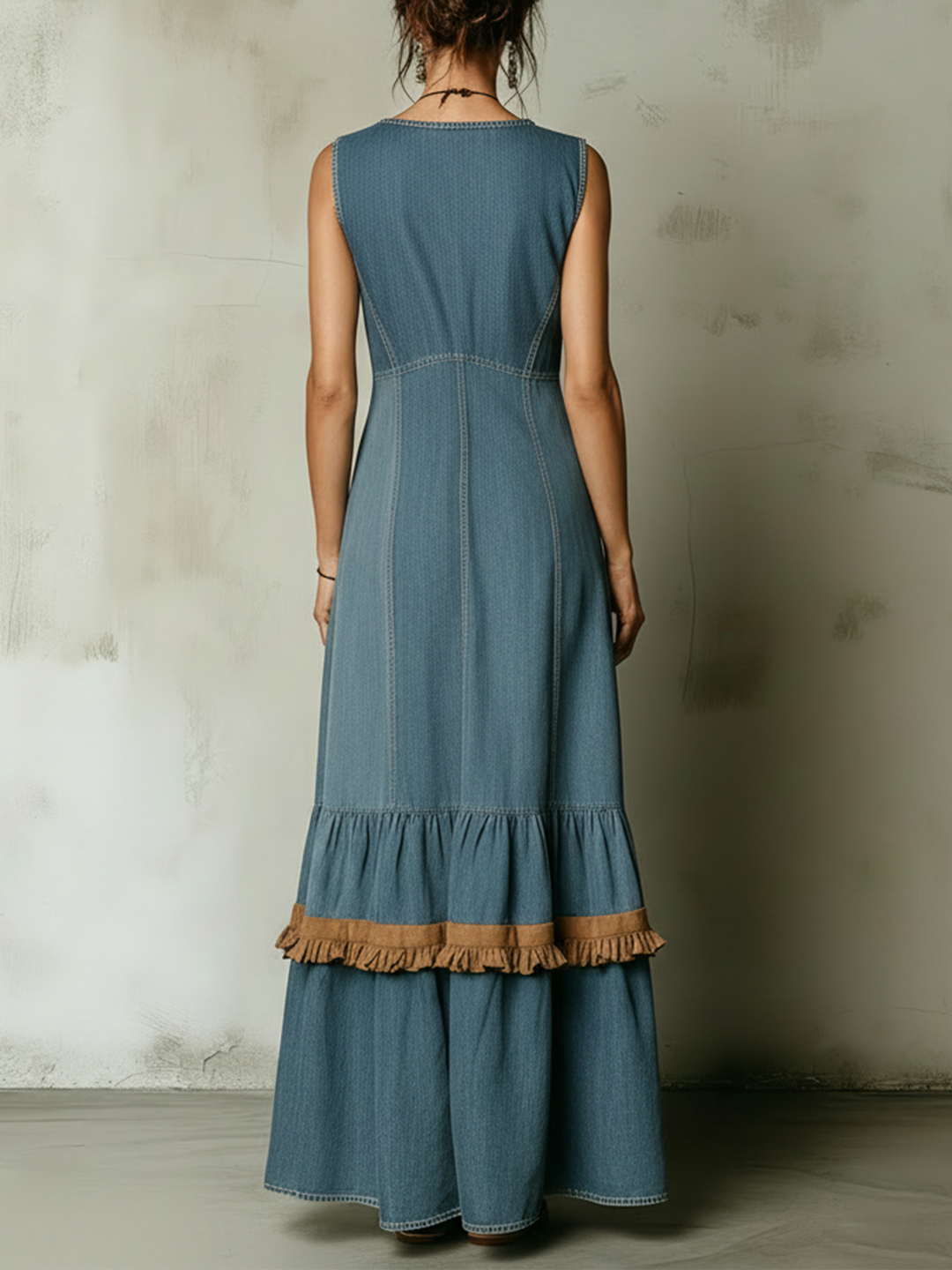 Morgan & Brooke | Light Blue Ruffle-Trim Tiered Tencel Denim Maxi Dress