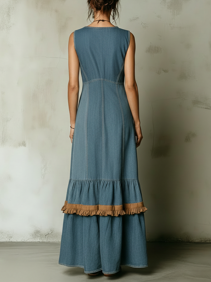 Morgan & Brooke | Light Blue Ruffle-Trim Tiered Tencel Denim Maxi Dress