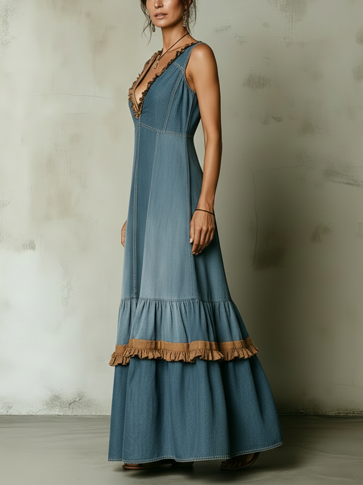 Morgan & Brooke | Light Blue Ruffle-Trim Tiered Tencel Denim Maxi Dress