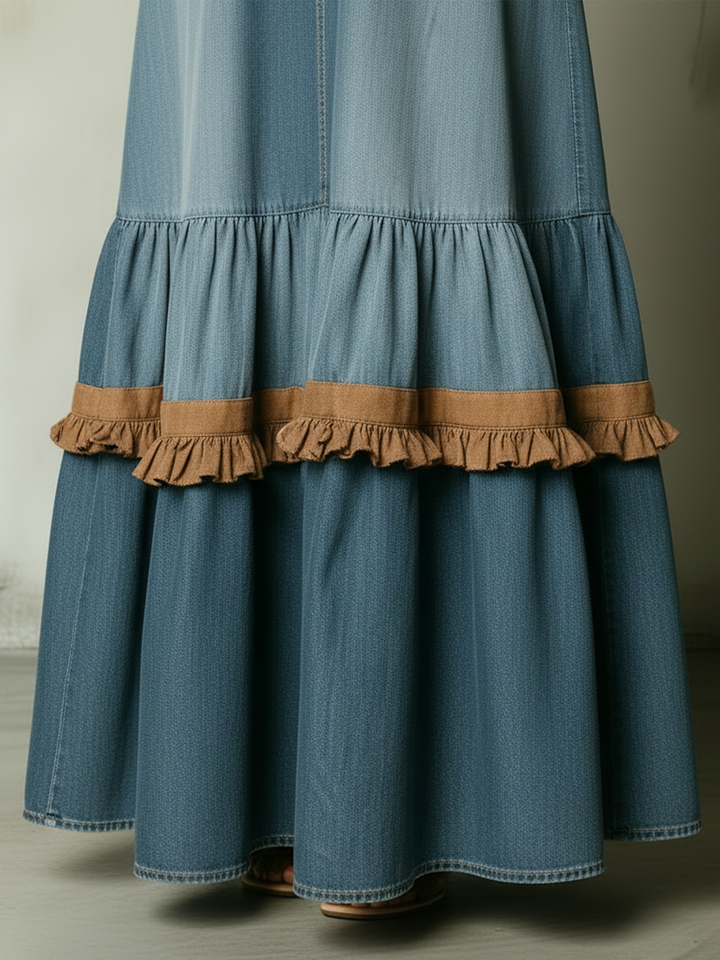Morgan & Brooke | Light Blue Ruffle-Trim Tiered Tencel Denim Maxi Dress