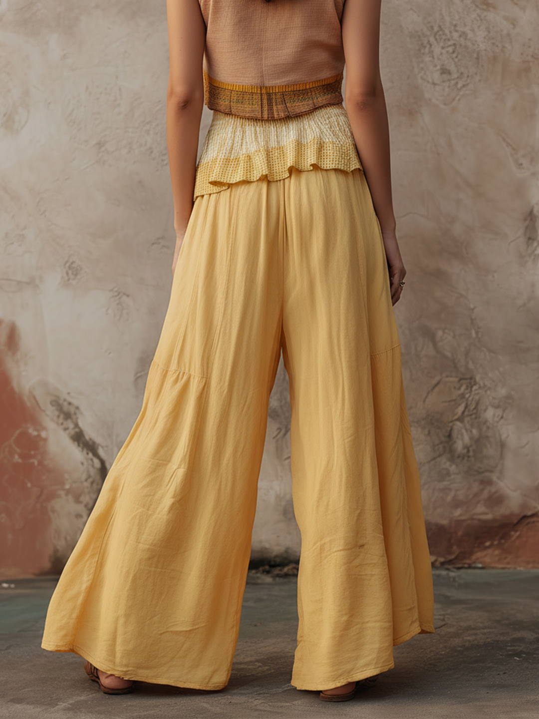 Morgan & Brooke | Yellow Ruffle-Trim Wide-Leg Pants