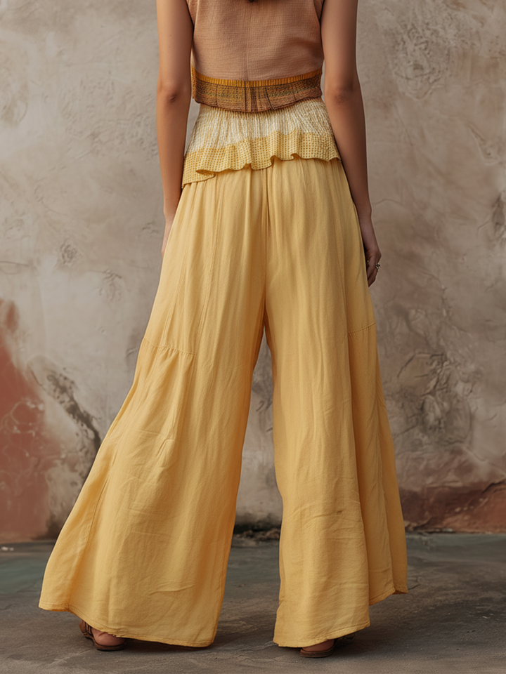 Morgan & Brooke | Yellow Ruffle-Trim Wide-Leg Pants