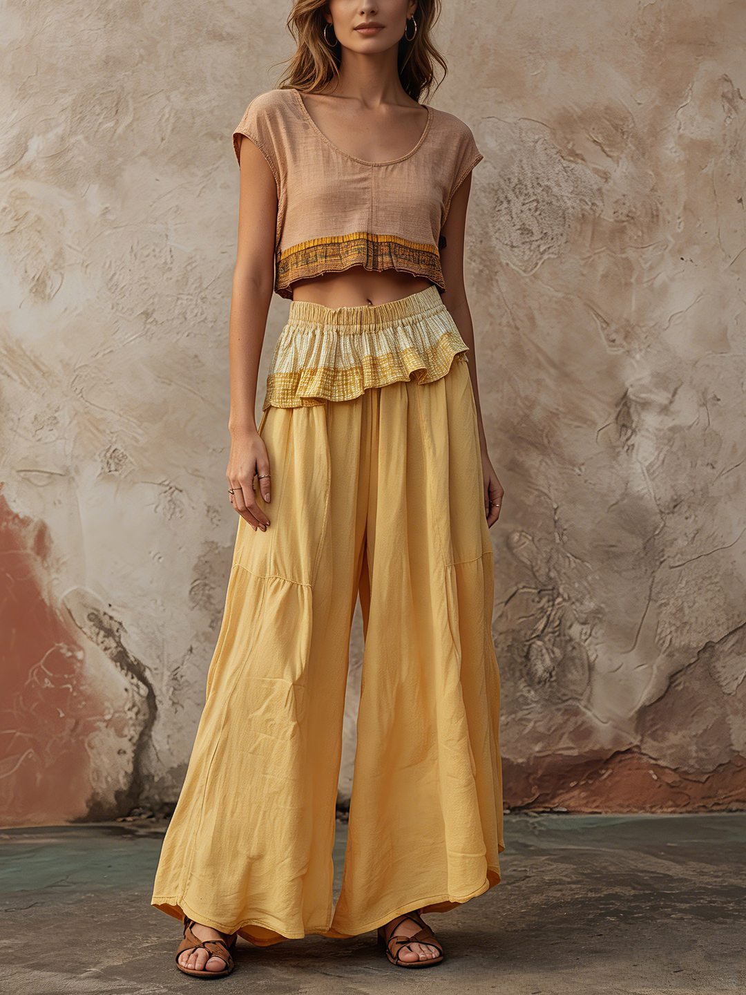 Morgan & Brooke | Yellow Ruffle-Trim Wide-Leg Pants