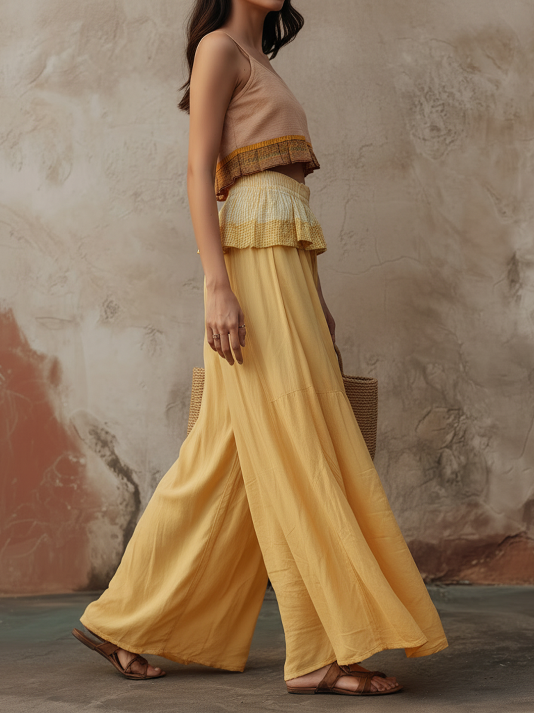 Morgan & Brooke | Yellow Ruffle-Trim Wide-Leg Pants