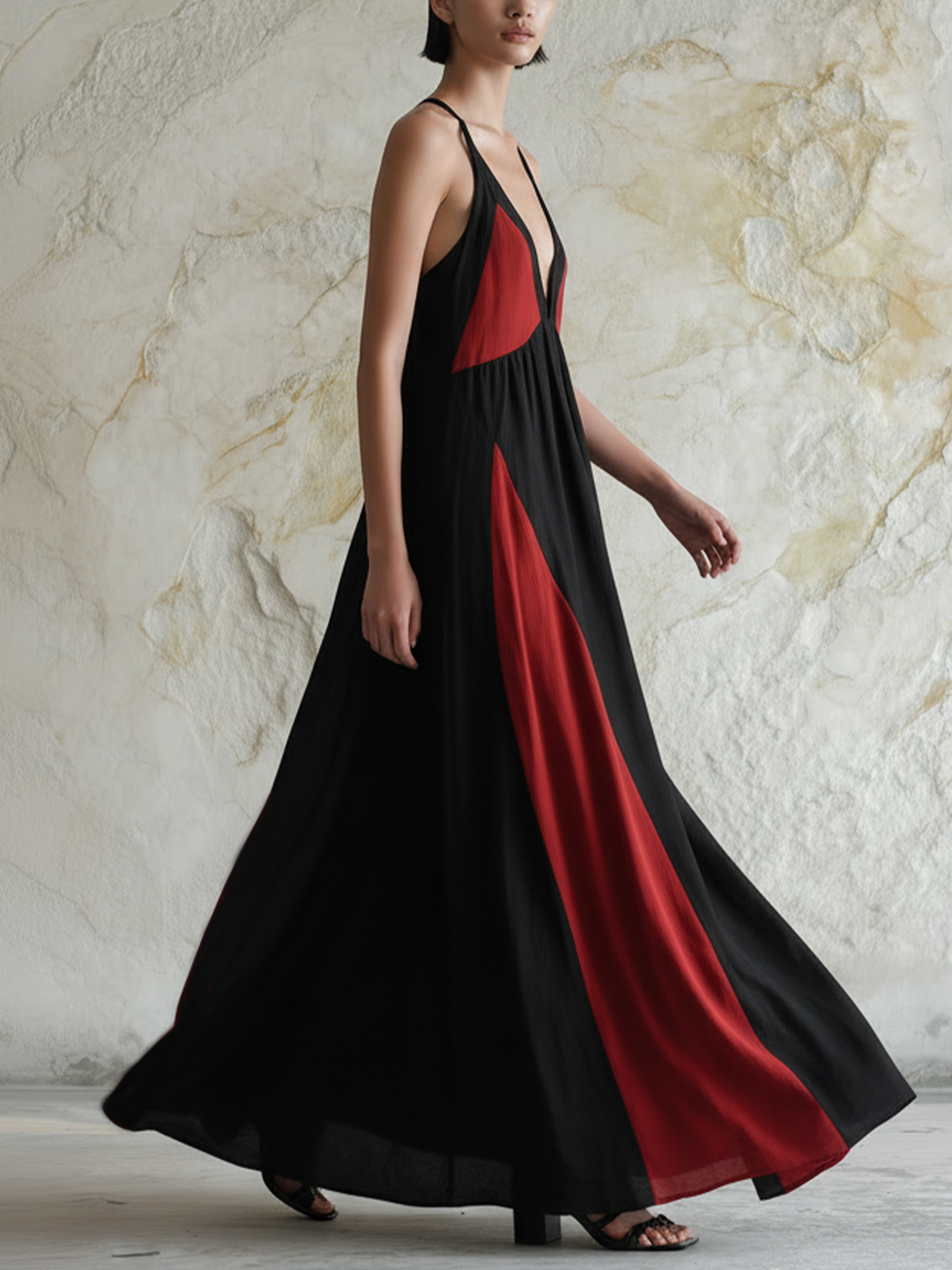 Morgan & Brooke | Black & Red Halter Neck Backless Maxi Dress