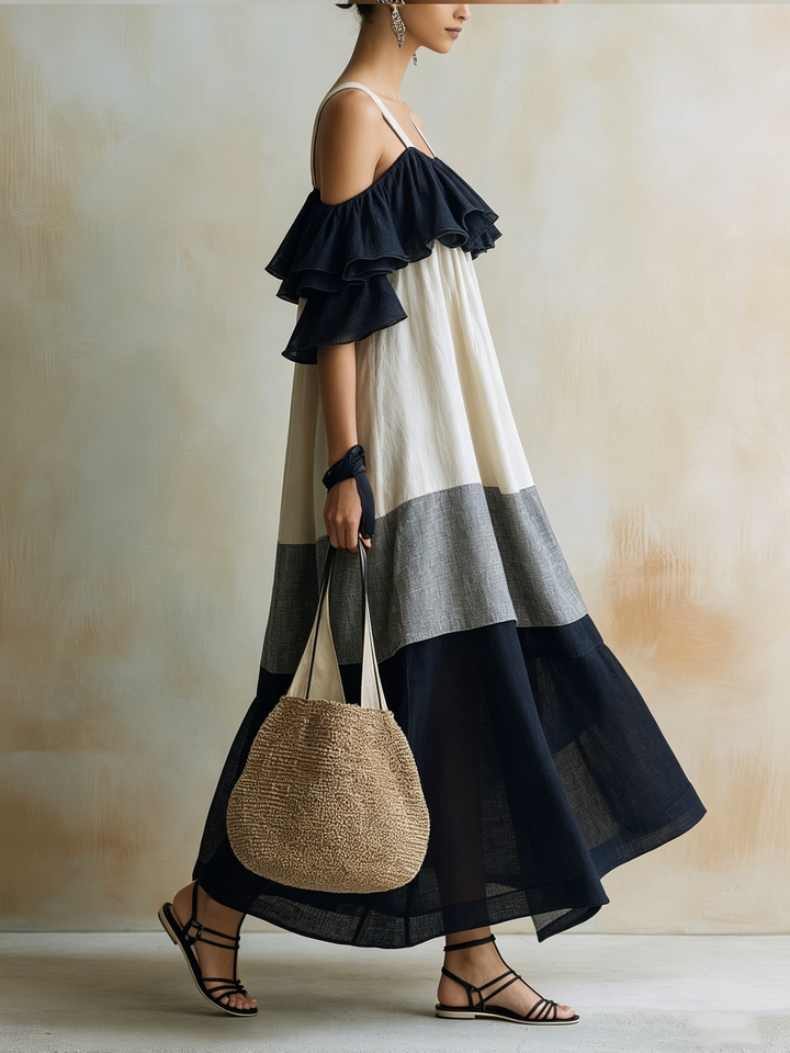 Morgan & Brooke | Colorblock Cold-Shoulder Tiered Linen Maxi Dress