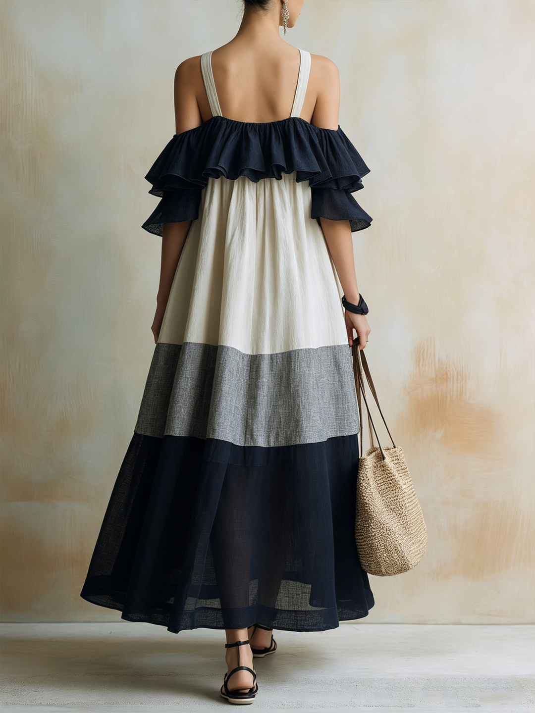 Morgan & Brooke | Colorblock Cold-Shoulder Tiered Linen Maxi Dress