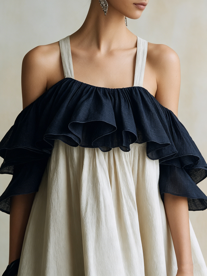 Morgan & Brooke | Colorblock Cold-Shoulder Tiered Linen Maxi Dress