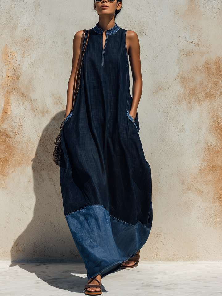 Morgan & Brooke | Dark Blue Sleeveless Contrast-Hem Denim Maxi Dress