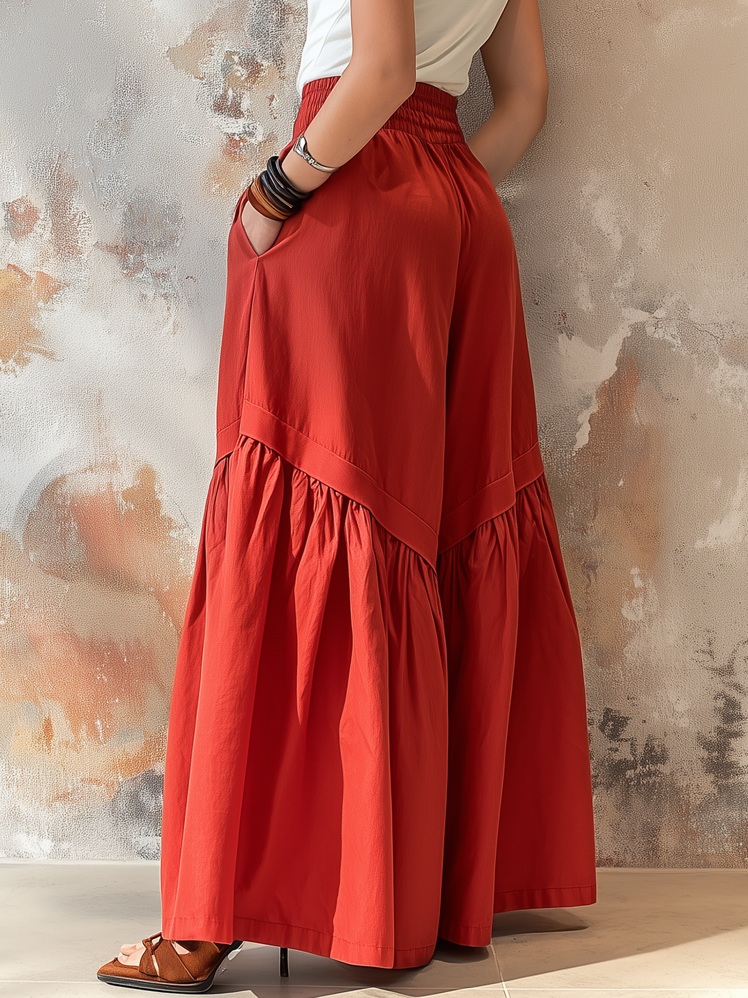 Morgan & Brooke | Red Tiered Wide-Leg Palazzo Pants