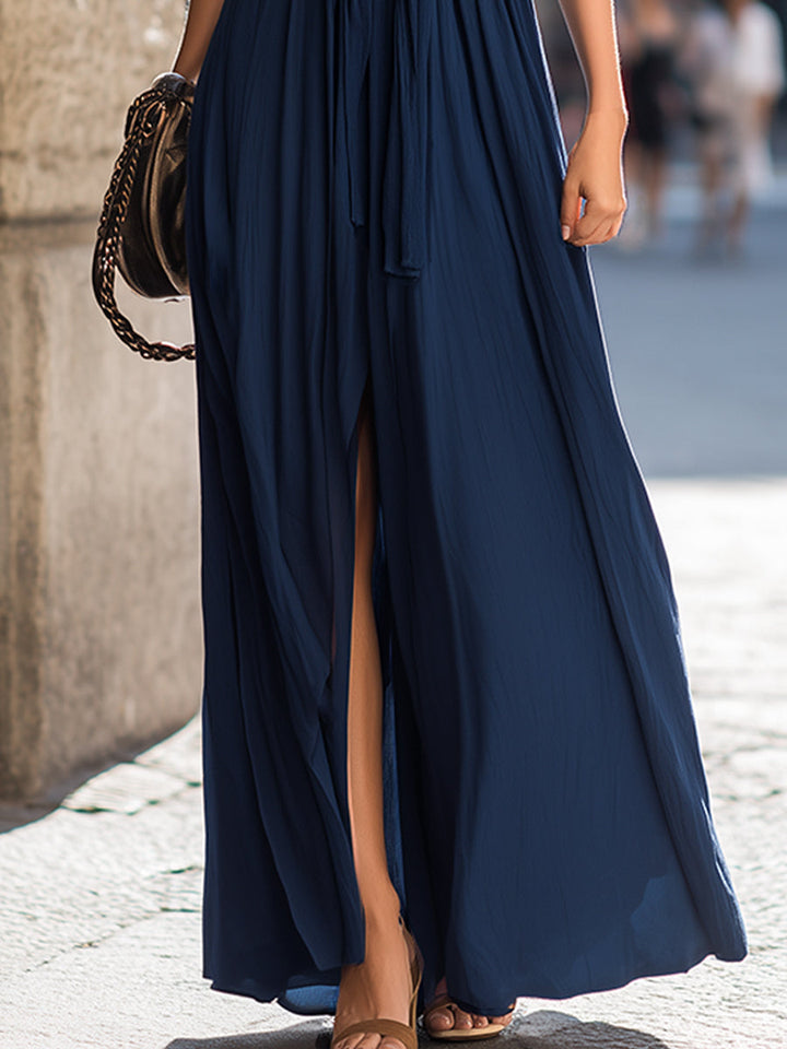 Morgan & Brooke | Black Halter-Neck Ruched Knot-Front Jersey Maxi Dress