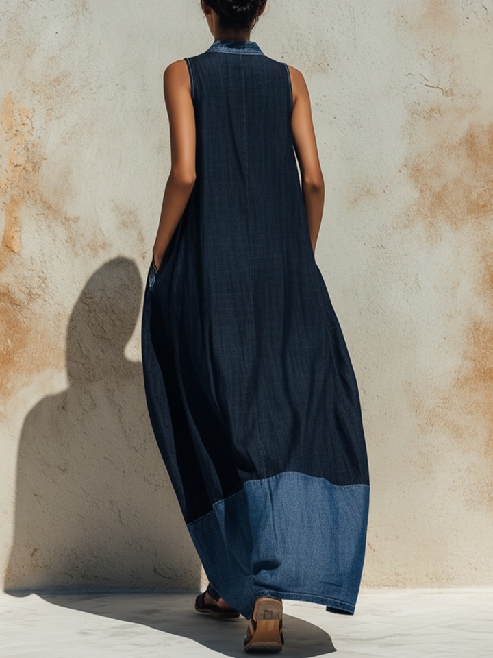 Morgan & Brooke | Dark Blue Sleeveless Contrast-Hem Denim Maxi Dress