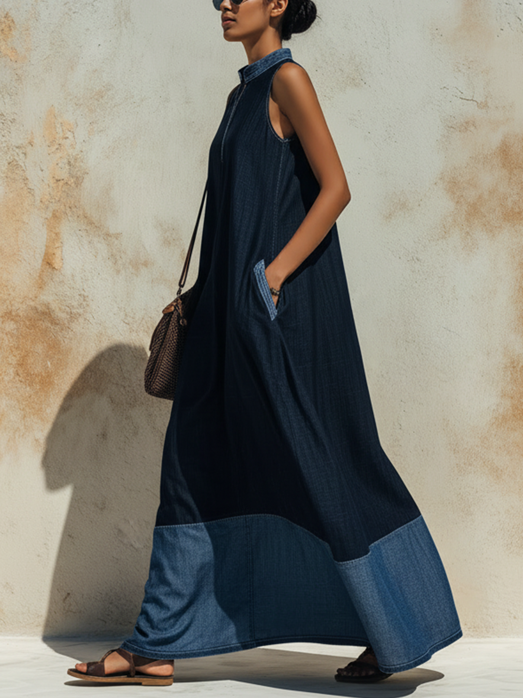 Morgan & Brooke | Dark Blue Sleeveless Contrast-Hem Denim Maxi Dress