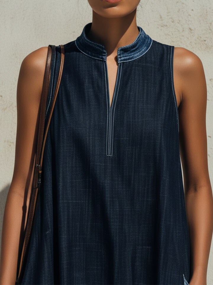 Morgan & Brooke | Dark Blue Sleeveless Contrast-Hem Denim Maxi Dress