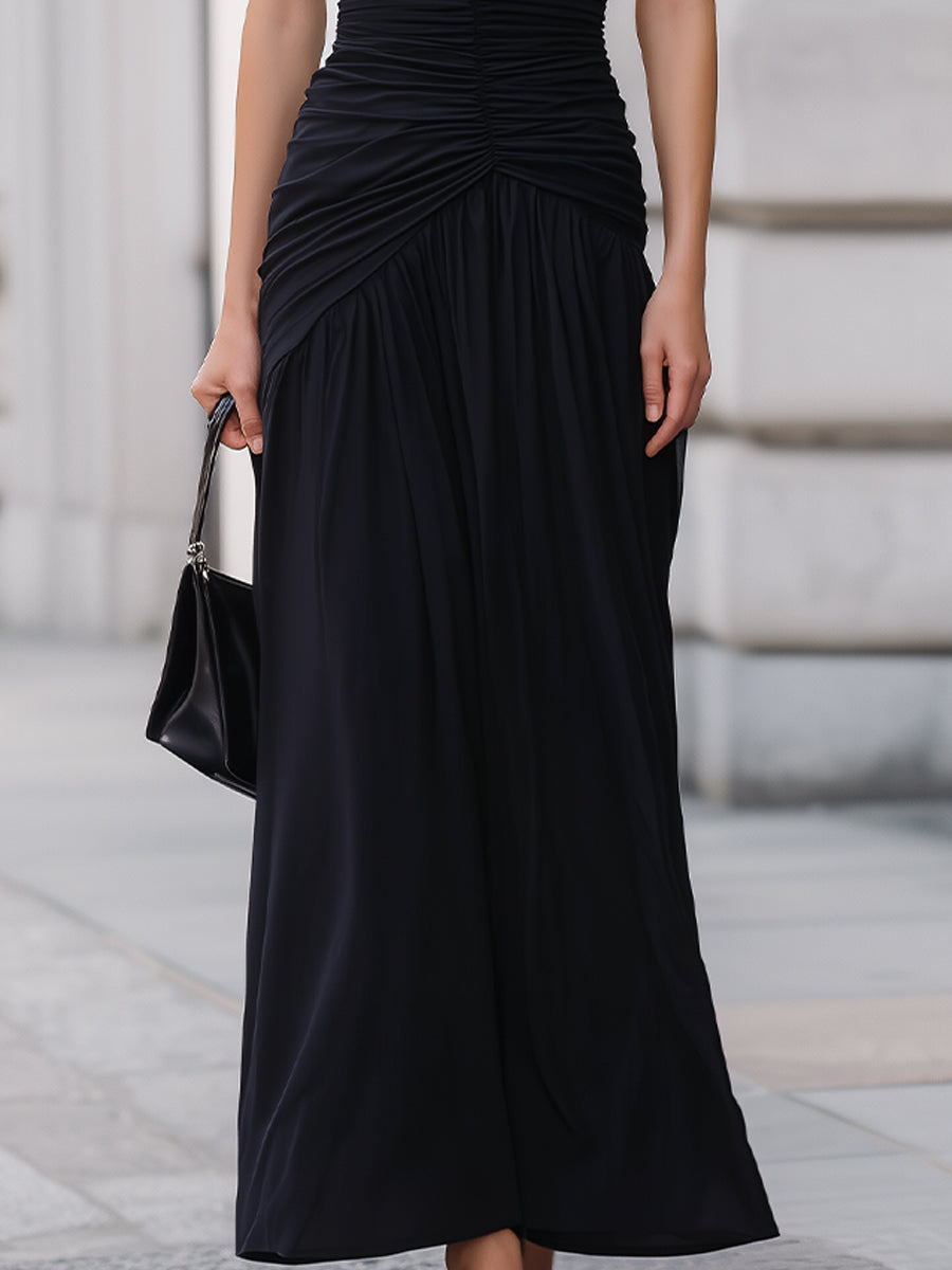 Morgan & Brooke | Black One-Shoulder Ruched-Waist Maxi Dress
