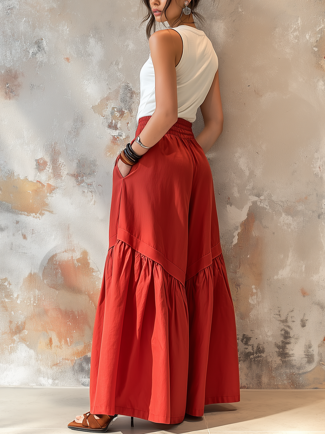 Morgan & Brooke | Red Tiered Wide-Leg Palazzo Pants