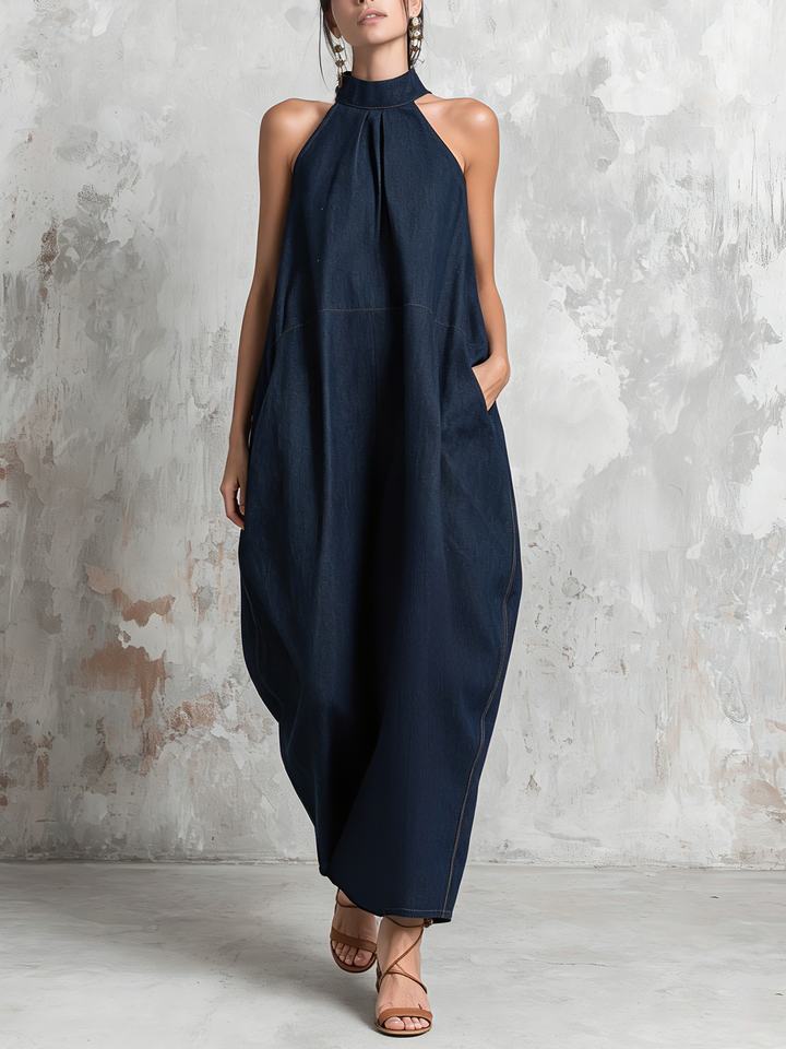 Morgan & Brooke | Dark Blue Oversized Halter Neck Denim Dress