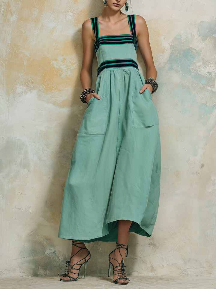 Morgan & Brooke | Mint Green Square Neck Contrast-Striped Denim Midi Dress