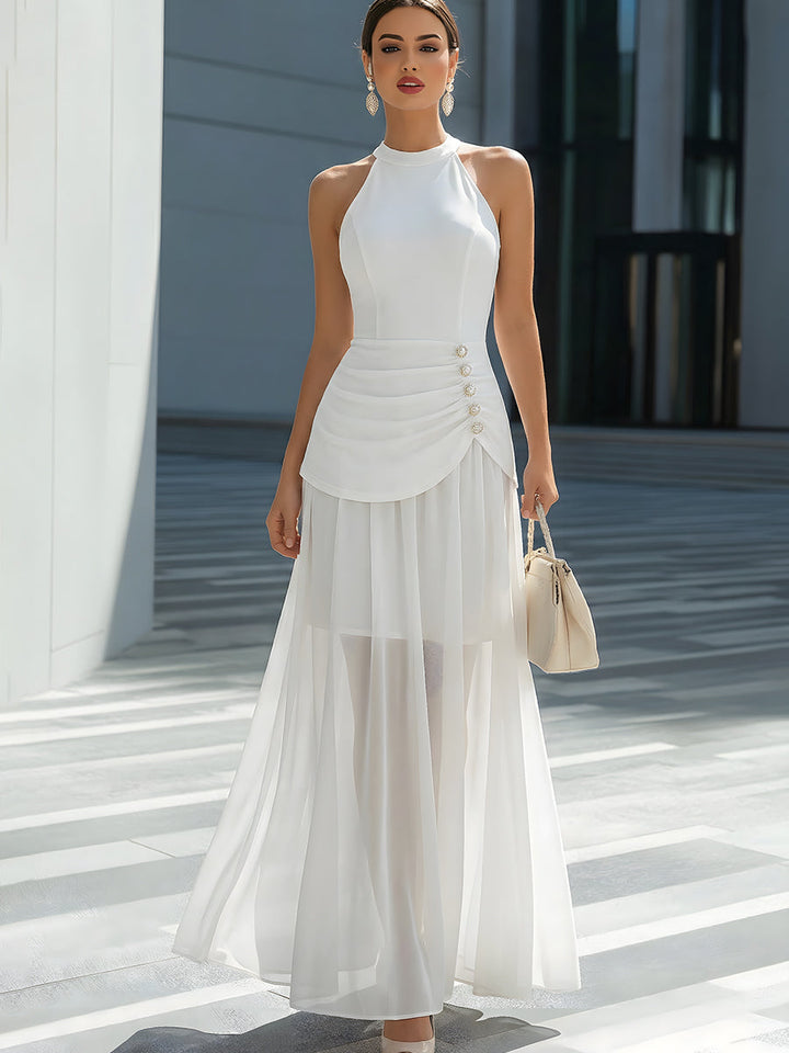 Morgan & Brooke | Ivory Halter Neck Ruched Waist Chiffon Maxi Dress
