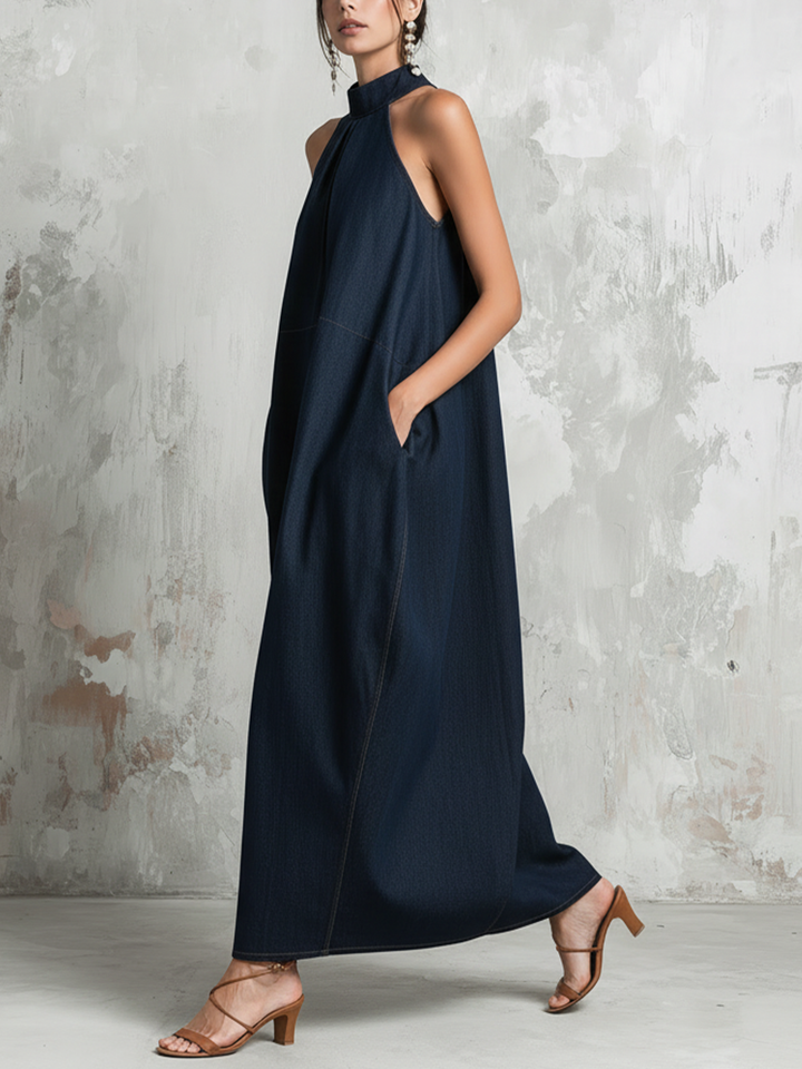 Morgan & Brooke | Dark Blue Oversized Halter Neck Denim Dress