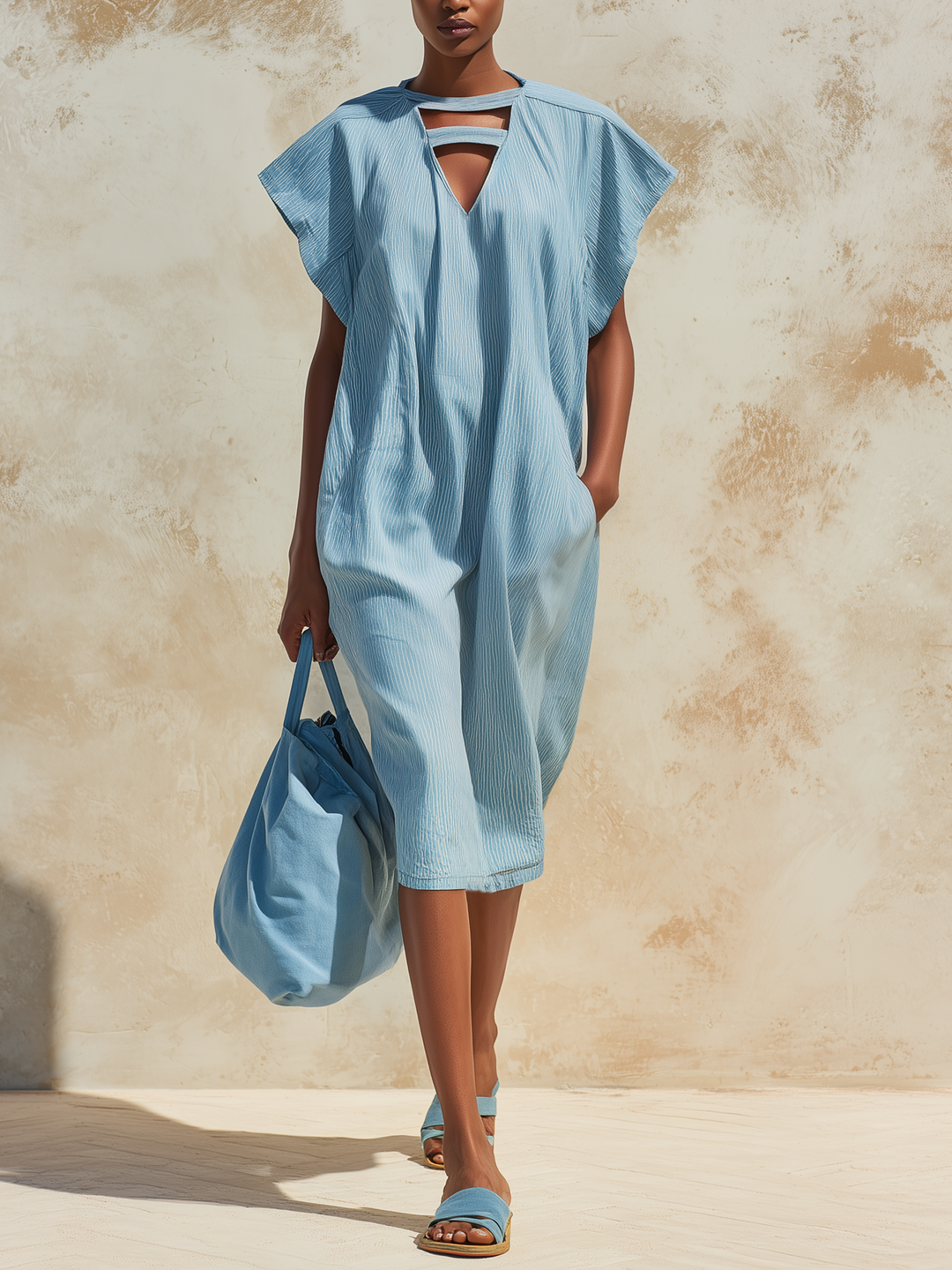 Morgan & Brooke | Light Blue Cutout Neckline Loose-Fit Denim Dress