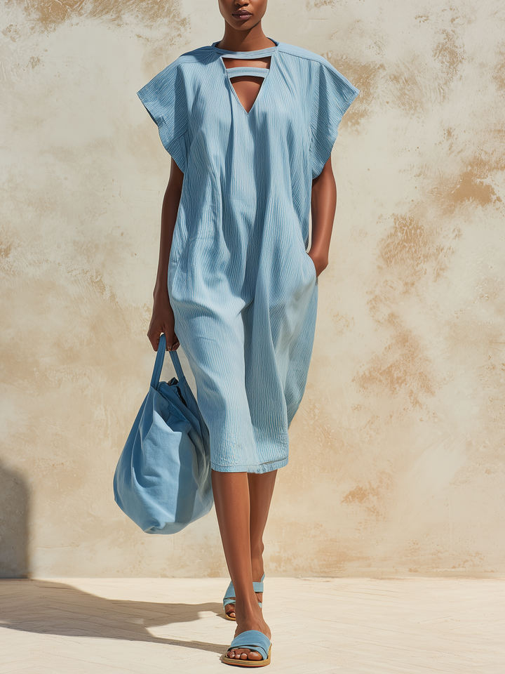 Morgan & Brooke | Light Blue Cutout Neckline Loose-Fit Denim Dress