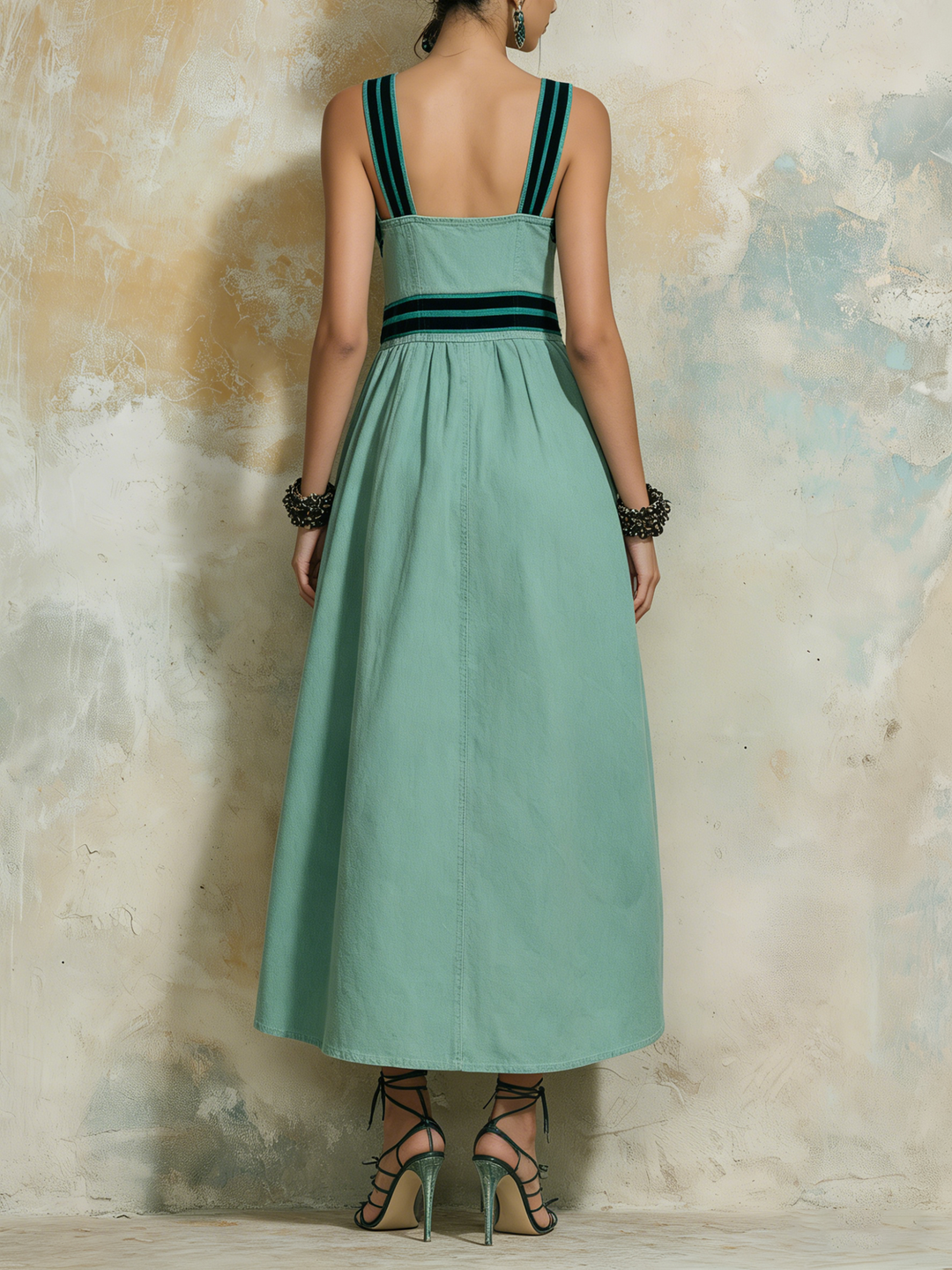 Morgan & Brooke | Mint Green Square Neck Contrast-Striped Denim Midi Dress
