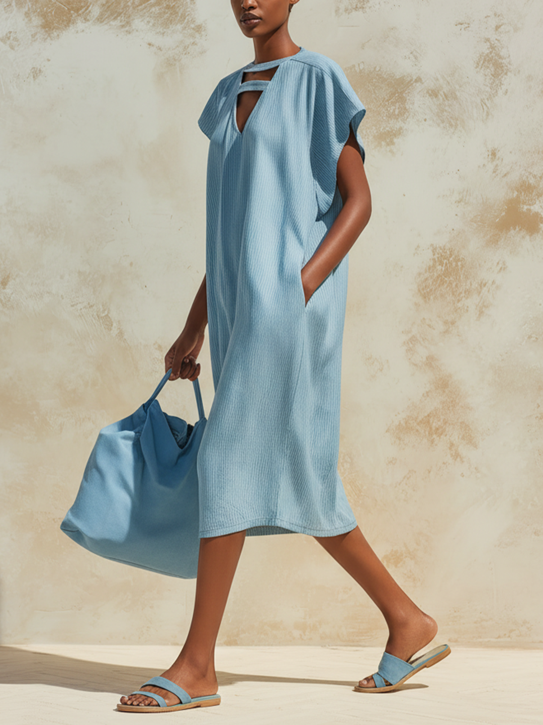 Morgan & Brooke | Light Blue Cutout Neckline Loose-Fit Denim Dress