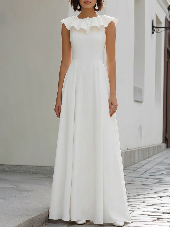 Morgan & Brooke | Ivory Ruffle Neck A-Line Maxi Chiffon Dress