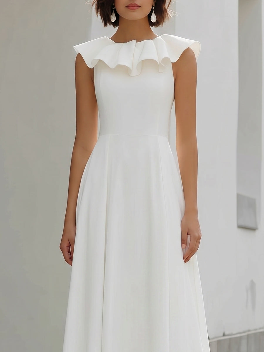 Morgan & Brooke | Ivory Ruffle Neck A-Line Maxi Chiffon Dress